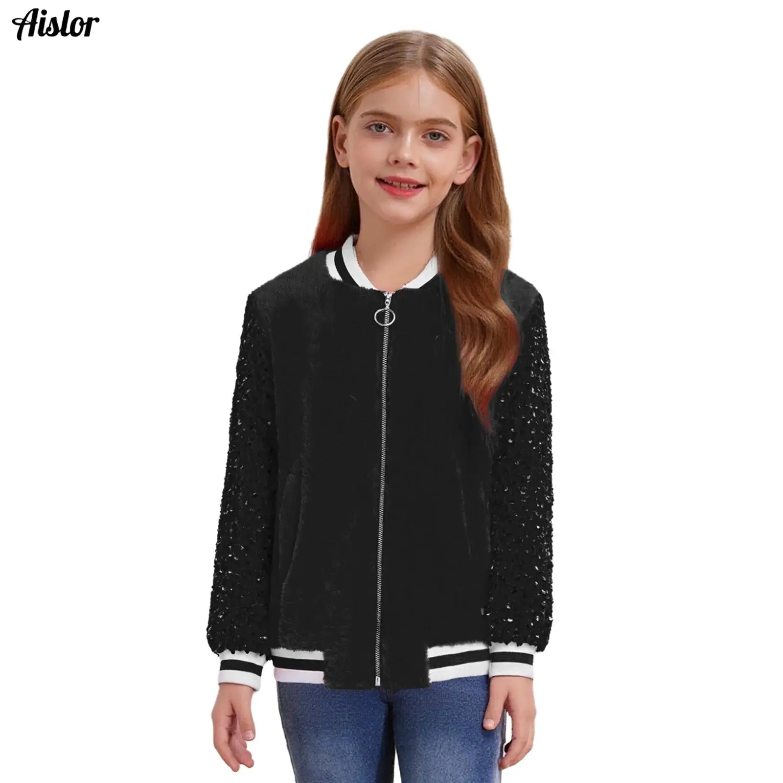 

Kids Girls Flannel Jacket Shiny Sequins Cartoon Pattern Striped Hem Long Sleeves Zipper Basketball Coat Outerwear Casual Clothes