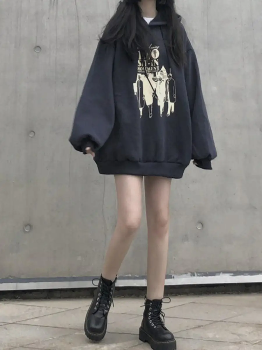 

Женская толстовка на флисовой подкладке, осенне-зимняя новинка, свободная, средней длины, в корейском стиле, ретро, с элементами гонконгского стиля, для студентов, модная