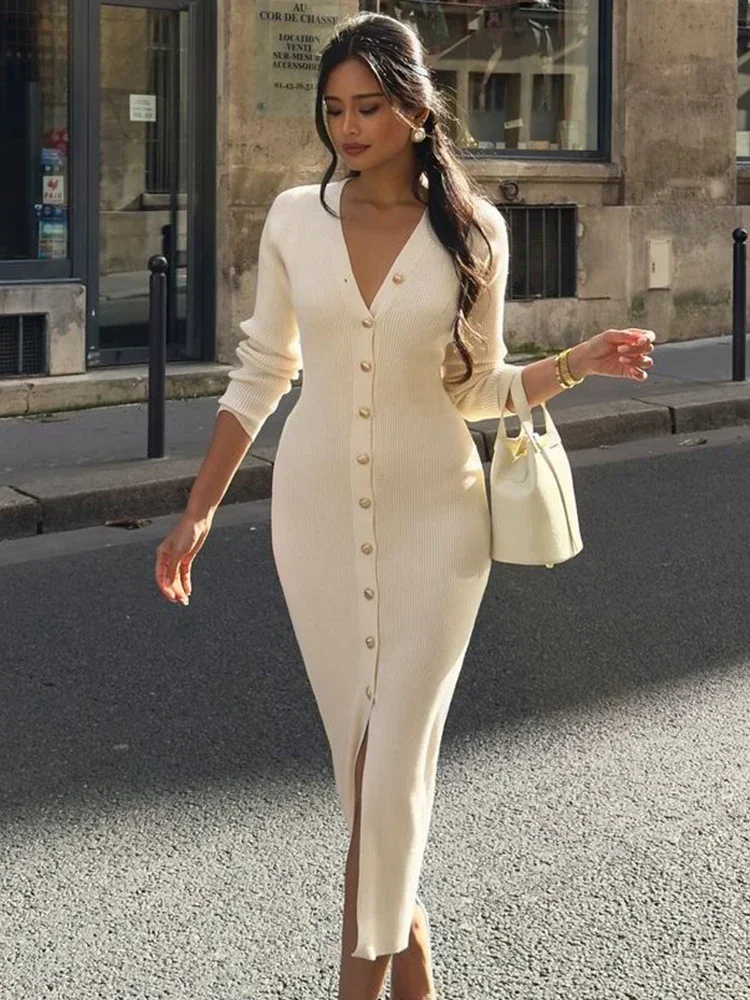 

Elegant Evening Dress Women V Neck Long Sleeve Patchwork Button Slit Sweater Dresses 2024 Autumn Winter Knit Maxi Dress