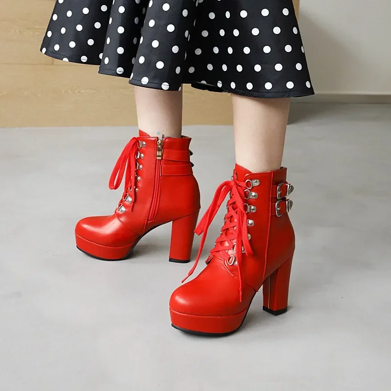 Winter Pink White Red Platform Ankle Boots Women High Chunky Heel Party Dress Lady Buckle Zipper Platform Short Motorcycle Boots