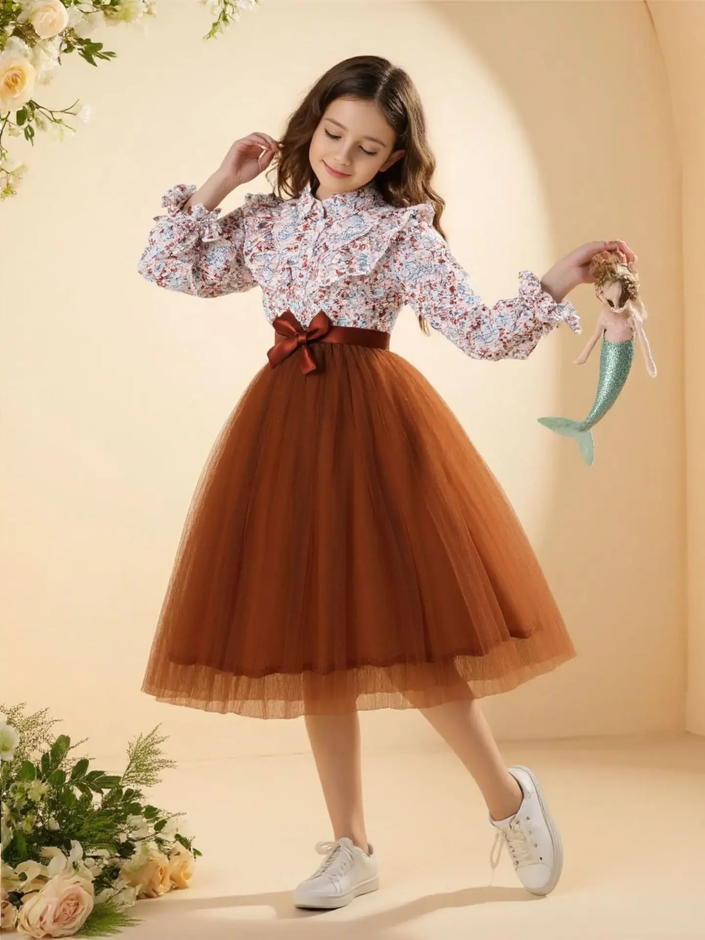 Xmas Gift Dress Long Sleeve Mesh Girls Stylish & Cute Ruffle Button Up Belted Dress for Fall & Winter Holiday, Outdoor Cloth