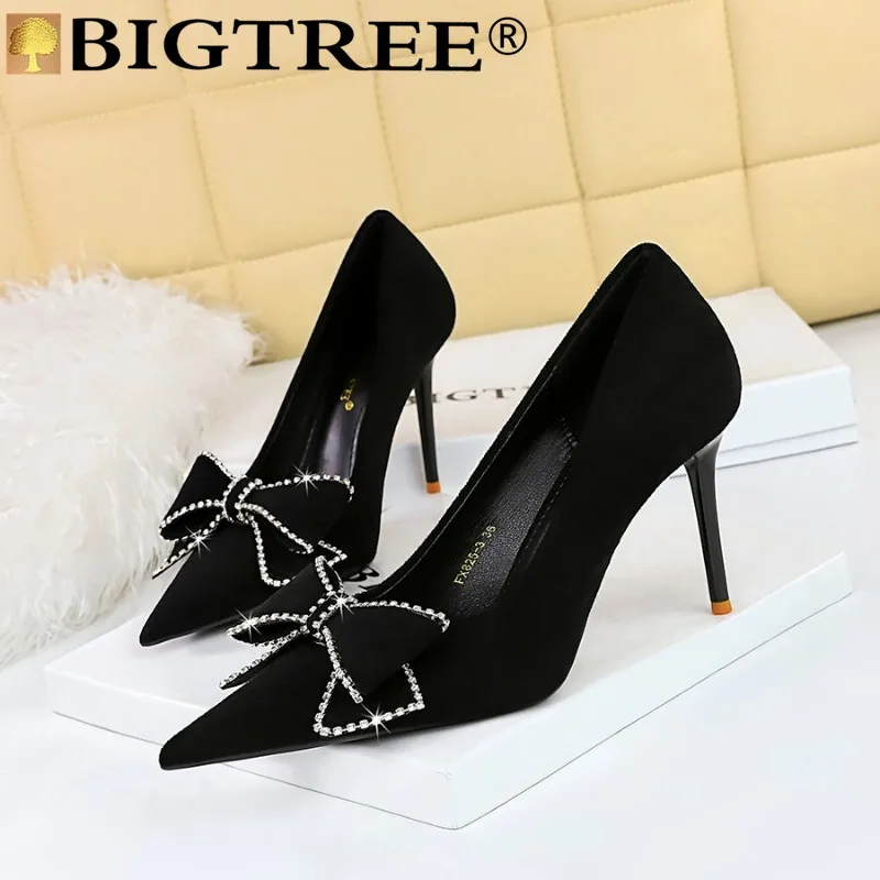 

BIGTREE Women Luxury Brand Pumps High Heel Sexy Party Butterfly-knot Pointed Toe Flock 9CM Thin Heels Mature Office Work Women