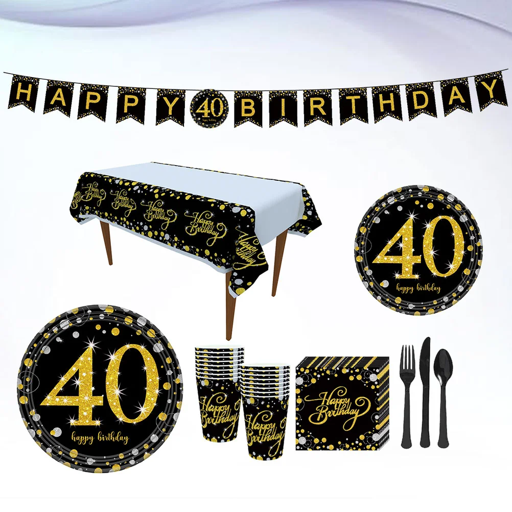 114 Pcs Party Supplies Happy Birthday Favors Prop Black Serving Utensils Gold Decor Plate