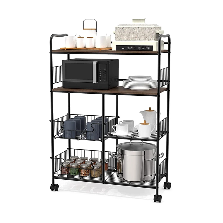 Dish Bowl Cup Spoon Storage Basket Metal Wooden Trolley 4 Tier Wheel Kitchen Rack, Kitchen Vegetable Storage Organizer