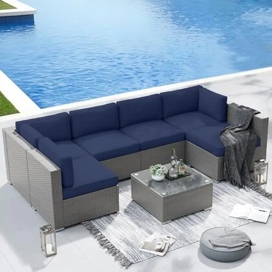 Rattan Mobília do pátio ao ar livre Set, sofá modular com mesa de café, conversação secional Set, cinza, 7 pcs