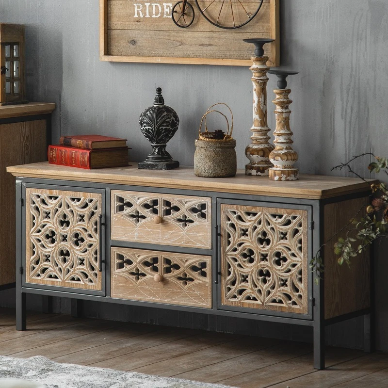 Retro hollow carved TV cabinet coffee table B & B complete set of old living room side cabinet