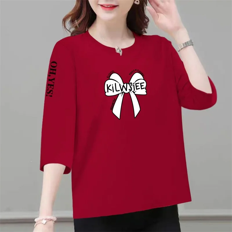 

Fashionable Loose Women's 3/4 Sleeve T-Shirt Cover Belly Slimming Mom Clothes Polyester Fiber round Neck Casual Top