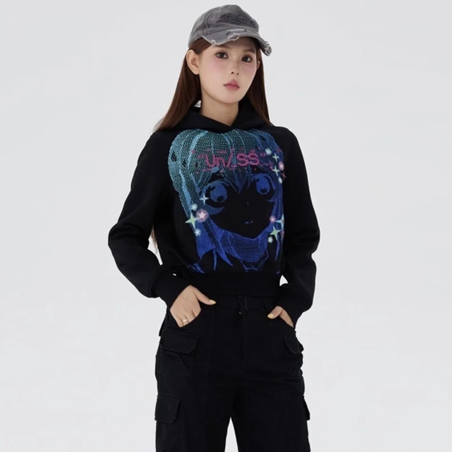 Dames cartoon meisje print hoodie 2025, herfst streetwear trui cropped sweatshirt, casual korte tops met capuchon