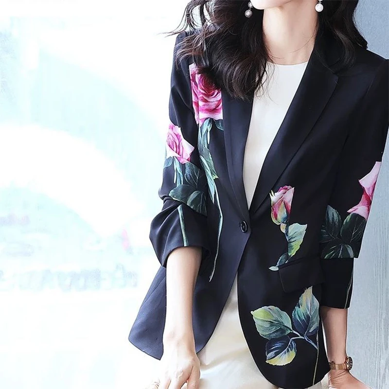 Spring Summer Elegant Fashion Print Blazers Lady Temperament All-match Loose Casual Suit Top Women Female One Button Coat Jacket