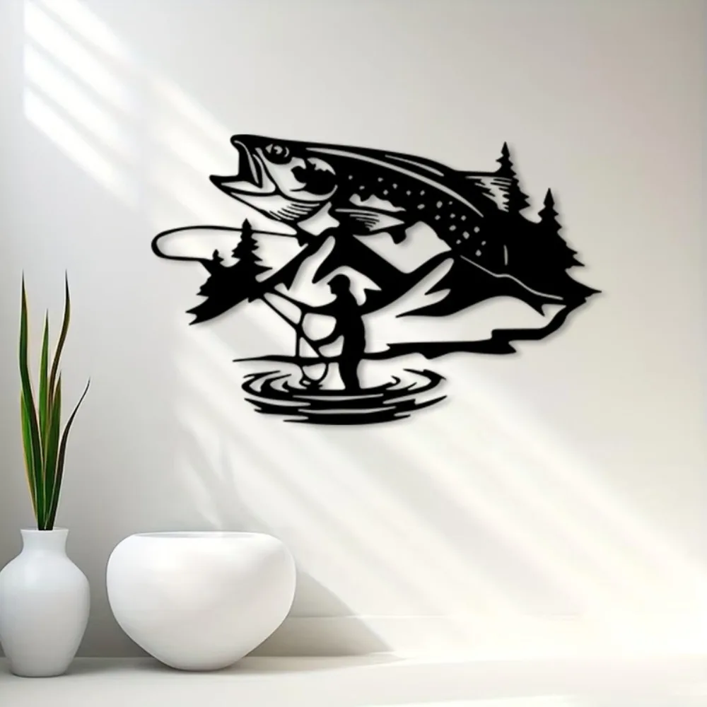 1pc Vintage Iron Fishing Metal Wall Art - Fisherman Bass Silhouette Mountain Rustic Decor for Living Room Study Angler Gift