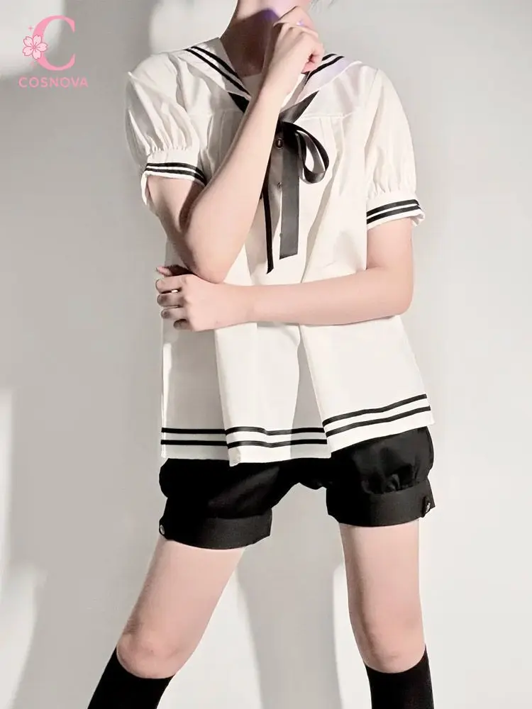 

Gothic Lolita Kawaii Black White 2 Piece Set Women Sailor Collar Bow Puff Sleeve Top High Waist Shorts Cosplay Casual Daily Wear