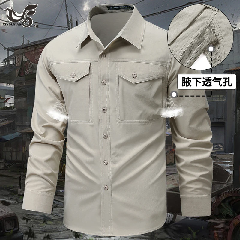 New Men's Safari Shirts Long Sleeve Spring Autumn Quick Dry Fishing Hiking Shirts Outdoor multi-pocket Cargo Shirts Men Clothing