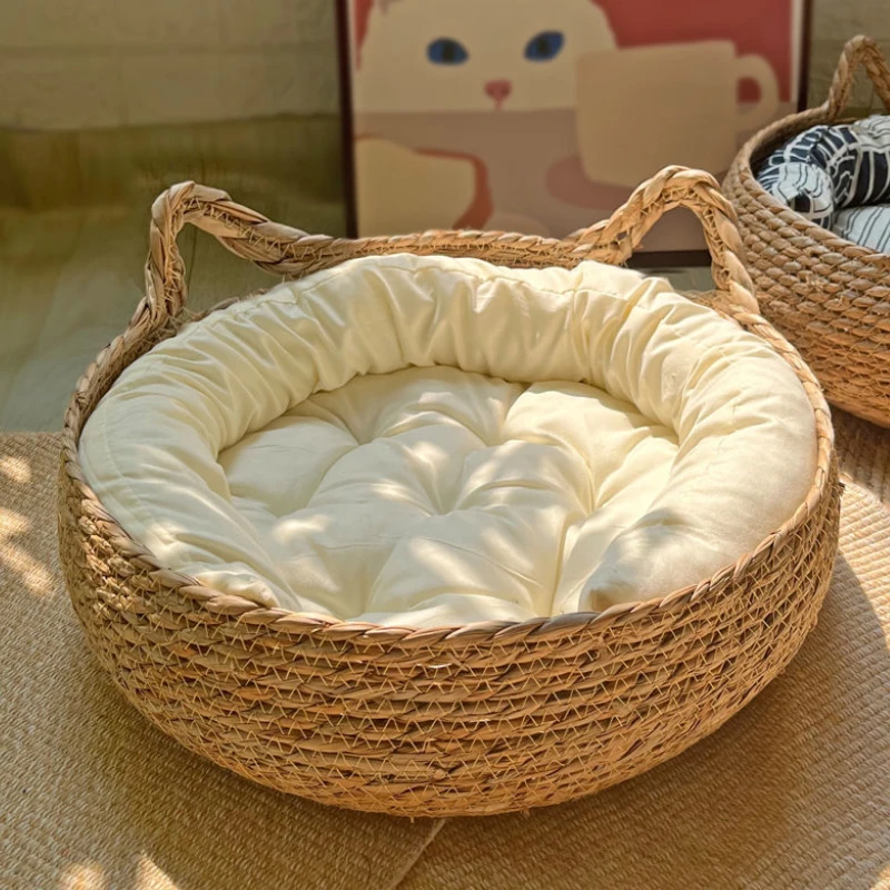 

Cat Bed Four Season Pet Scratching Board Rattan Washable Rabbit Litter Pup Sofas Supplies Woven Removable Cushion Sleeping House