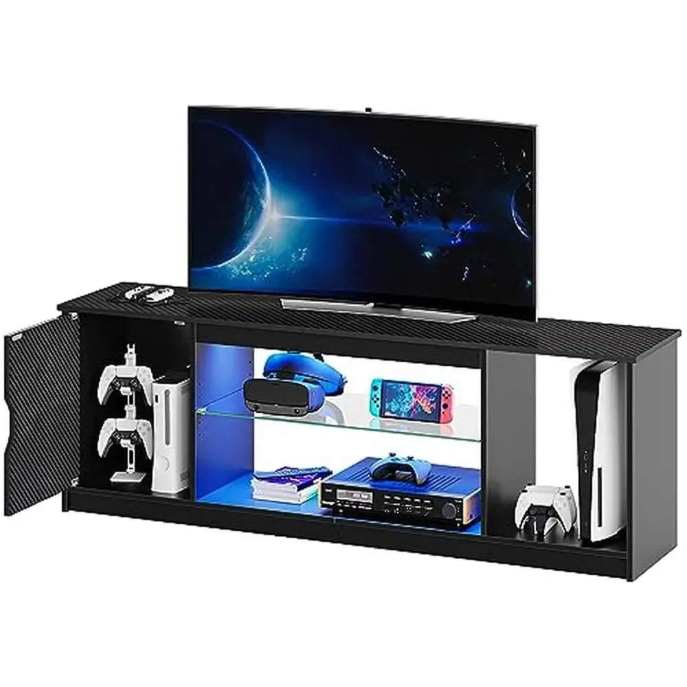 Adjustable LED Gaming TV Stand with Cabinet PS5 Xbox PS4 Modern Entertainment Center Console 60/65 Inch TV Living Room Storage