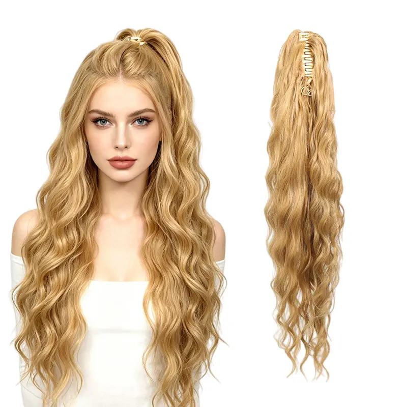 26inch Clip-On Ponytail Wig, Long Deep Wave Ponytail Extensions, Synthetic High-Temperature Fiber Wig for Women, Suitable for Daily Use, Parties, Photography, Makeup, and Gifts