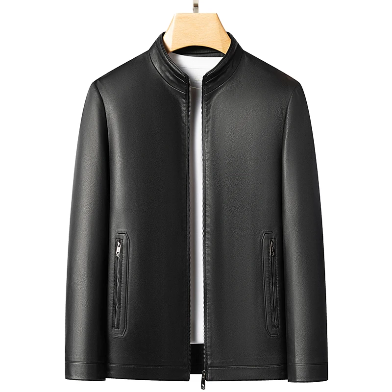 

Business men's PU leather jacket for autumn and winter, youth stand-up collar fitted jacket, men's faux leather casual top, dad'
