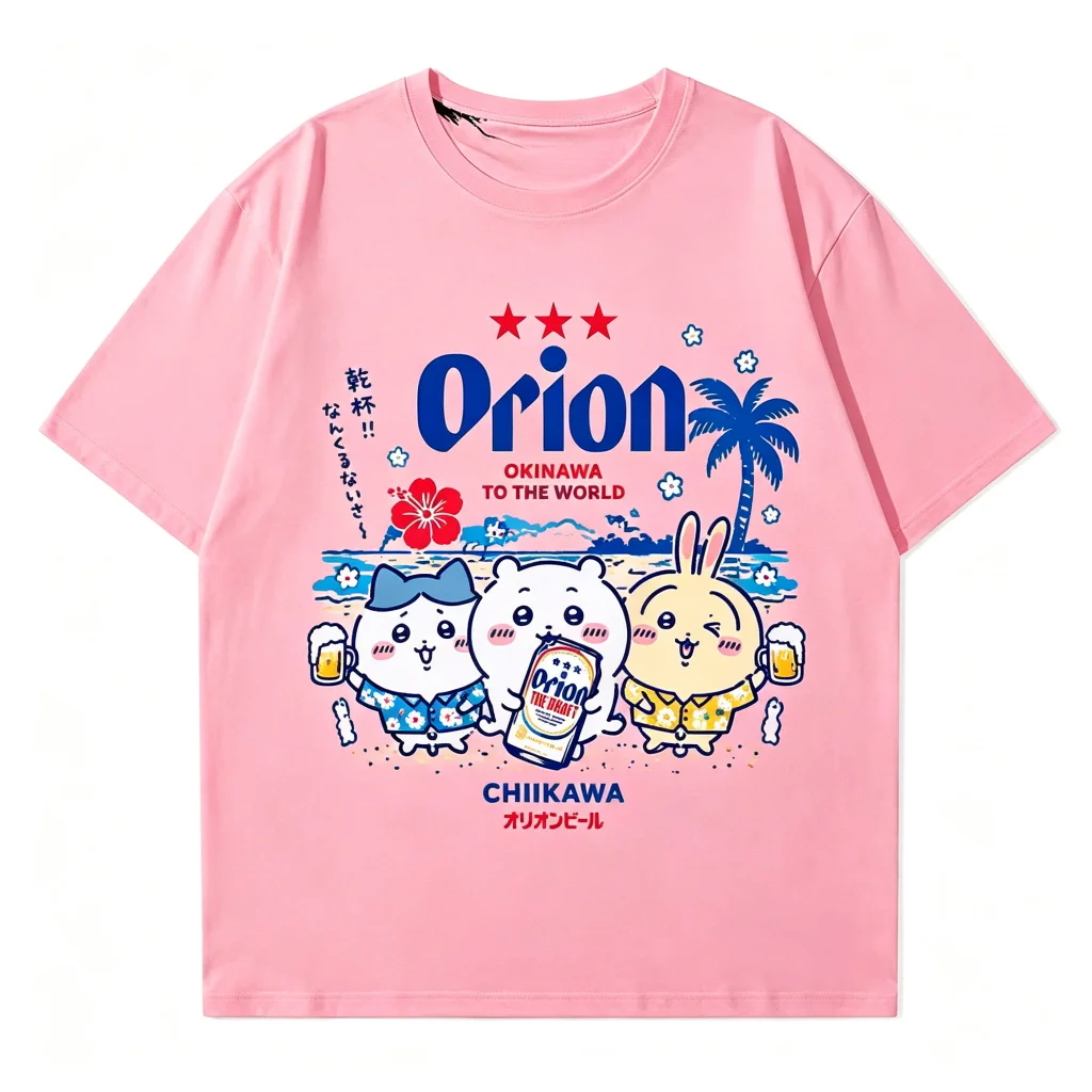 Kawaii Anime Summer Vacation Aesthetic Chiikawa Orion Beer Okinawa Collab Print Cotton Men Women Universal Crew Neck T-Shirt image 4
