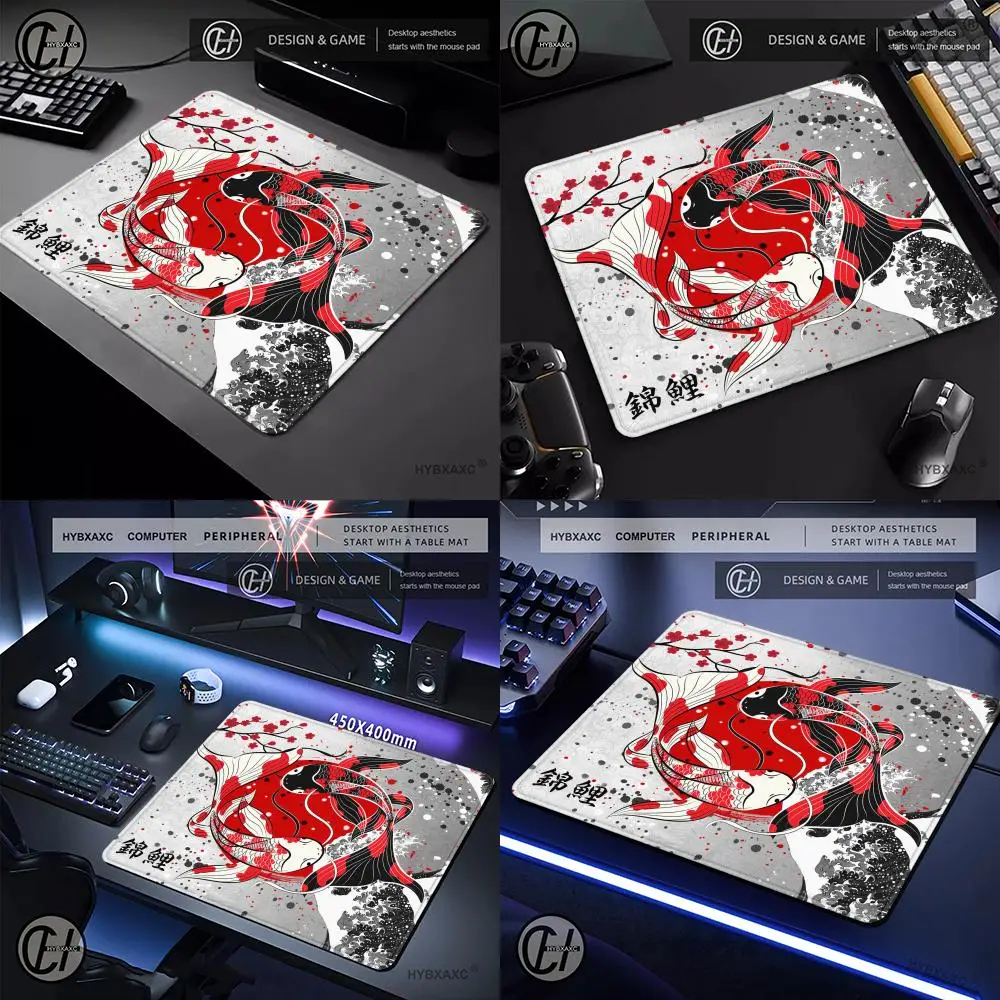 

Маленький коврик для мыши Yinyang Fish с красным замком по краю, настольный коврик для ПК, 45x40 см, резиновый коврик для стола, коврик для мыши для ноутбука, коврик для мыши японского искусства Koi Mause Pads