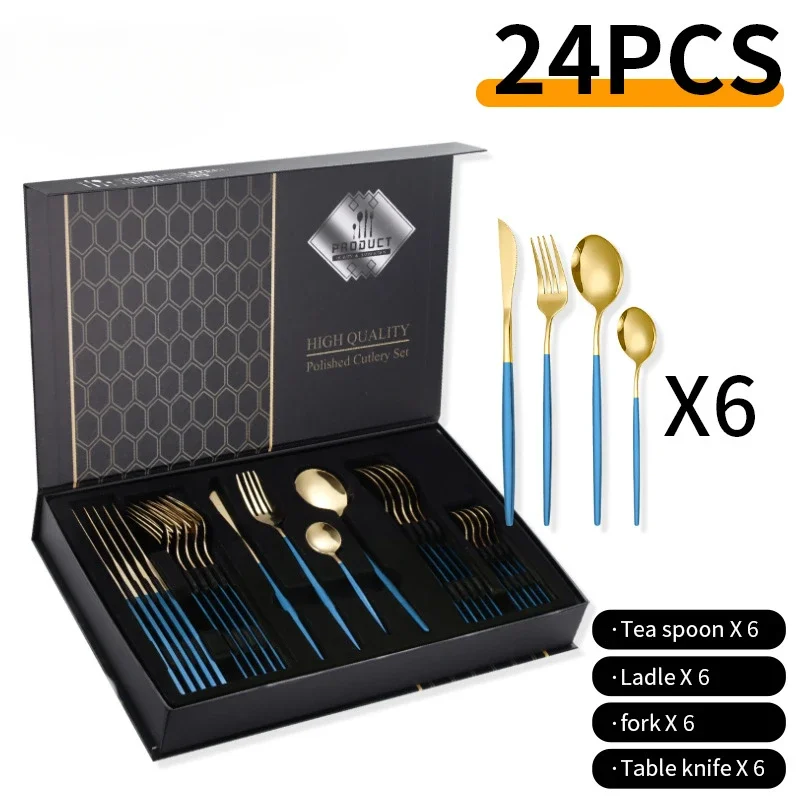 24 pièces ensemble de couverts dorés couteau en acier inoxydable fourchette cuillère vaisselle ensemble de couverts Festival cuisine vaisselle cadeau