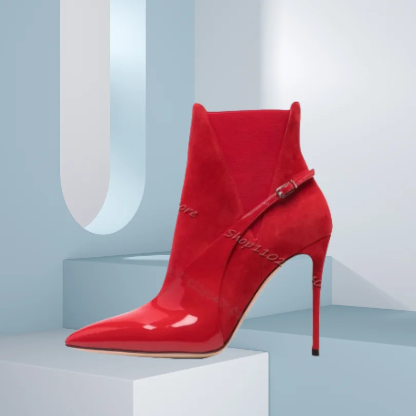 

Red Splicing Flock Ankle Boots Patent Leather Pointed Toe Ankle Buckle Stiletto Shoes Women Elegant Boots Zapatos Para Mujere