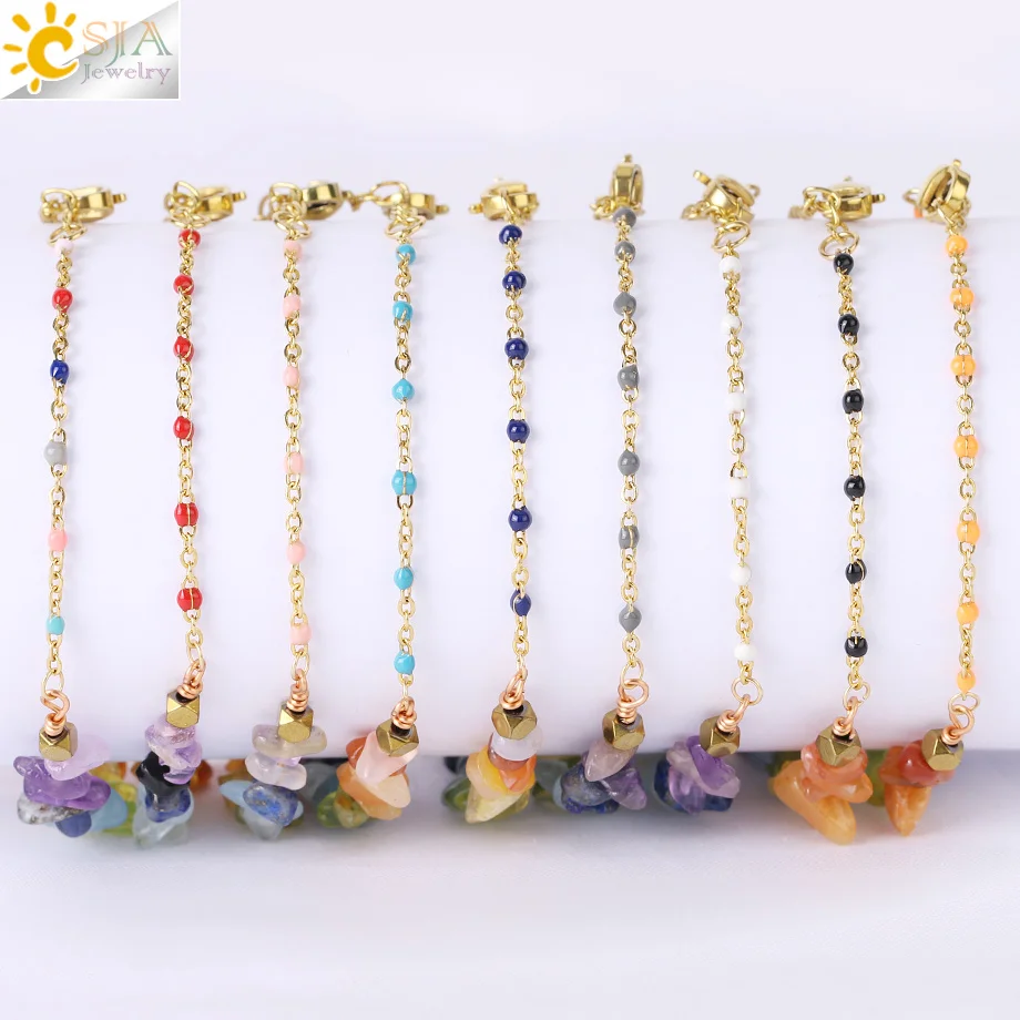 CSJA 7 Chakra Natural Stone Crystal Bracelet for Women Stainless Steel Link Chain Amethysts Chip Crystal Bracelets Jewelry H016