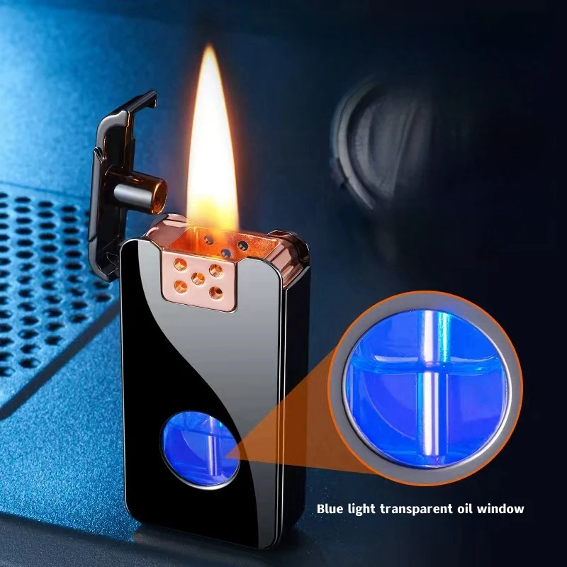 2023 Metal Intelligent Voice Controlled Kerosene Lighter Large Capacity Blue Light Transparent Oil Window Sensitive Arc Ignition