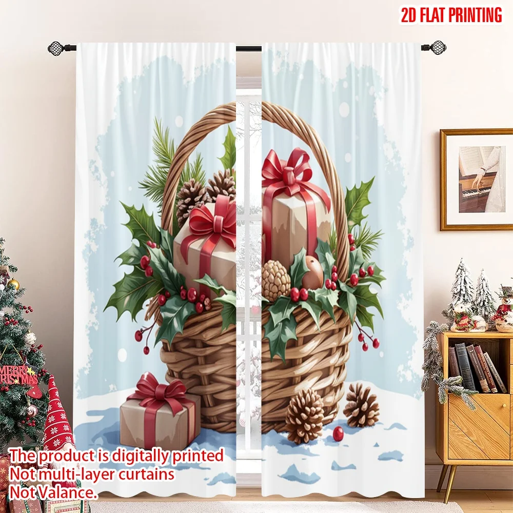 

2pcs 2D flat printing Christmas Window Curtains Christmas Gift Basket Holly Berries Polyester Without Electricity Party