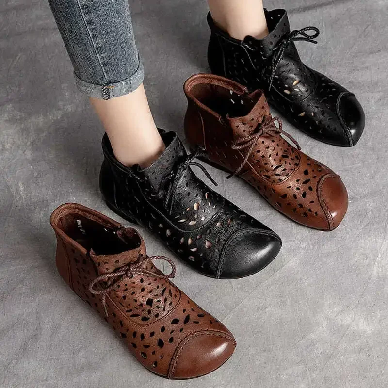 Hollow-Out Leather Boots Summer Breathable Women Sandals Retro High Top Lace Up Womens Designer Boots Black Botas De Mujer