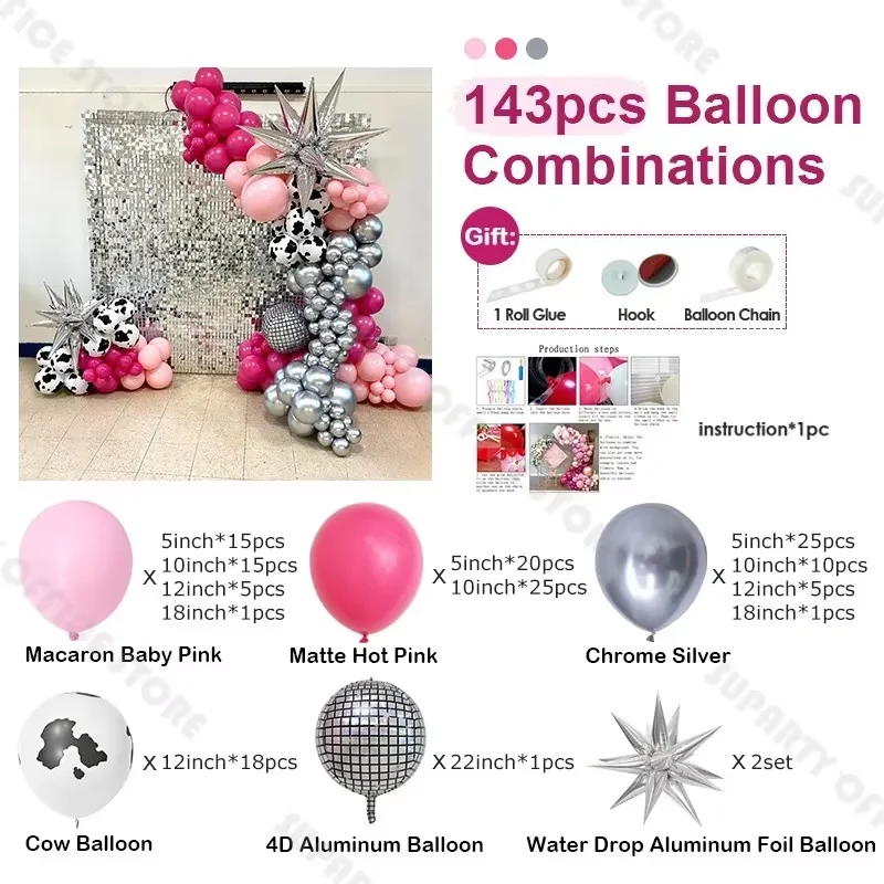 143pcs Pink and Chrome Silver Latex Balloon Set Cow Ranch Theme Party Decorative Supplies with Water Drop Aluminum Foam Balloon