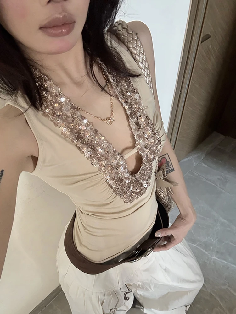 غريب سنور بريق تانك القمم المرأة Y2K الترتر Ruched العميق الخامس الرقبة نحيل مطاطا شيك الأساسية الكلاسيكية الصيف الاتجاه الشارع سترة