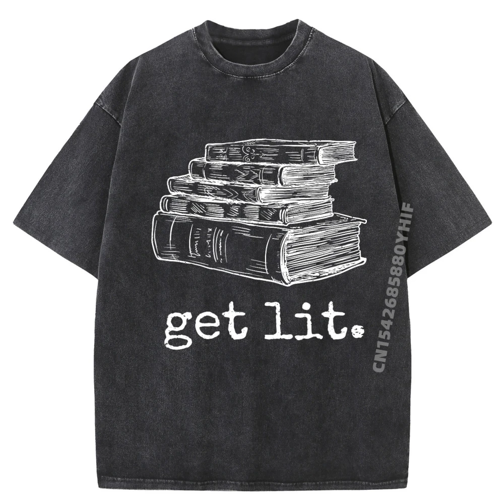 

Funny Tees Hip Hop Mens T Shirts Get Lit with Books Funny Design Summer Tshirts Breathable Washed Clothes