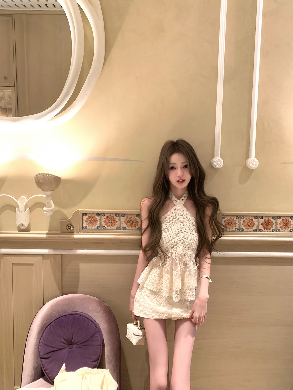 Lace Splice Hanging Neck Top Half Skirt Set Women's Loose Sexy Fashion Summer Breathable Cotton V-neck Two-piece Suit