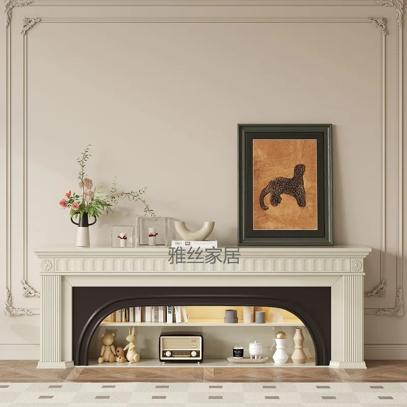French cream style fireplace decorative cabinet living room light luxury background wall retro simulation fire TV cabinet solid