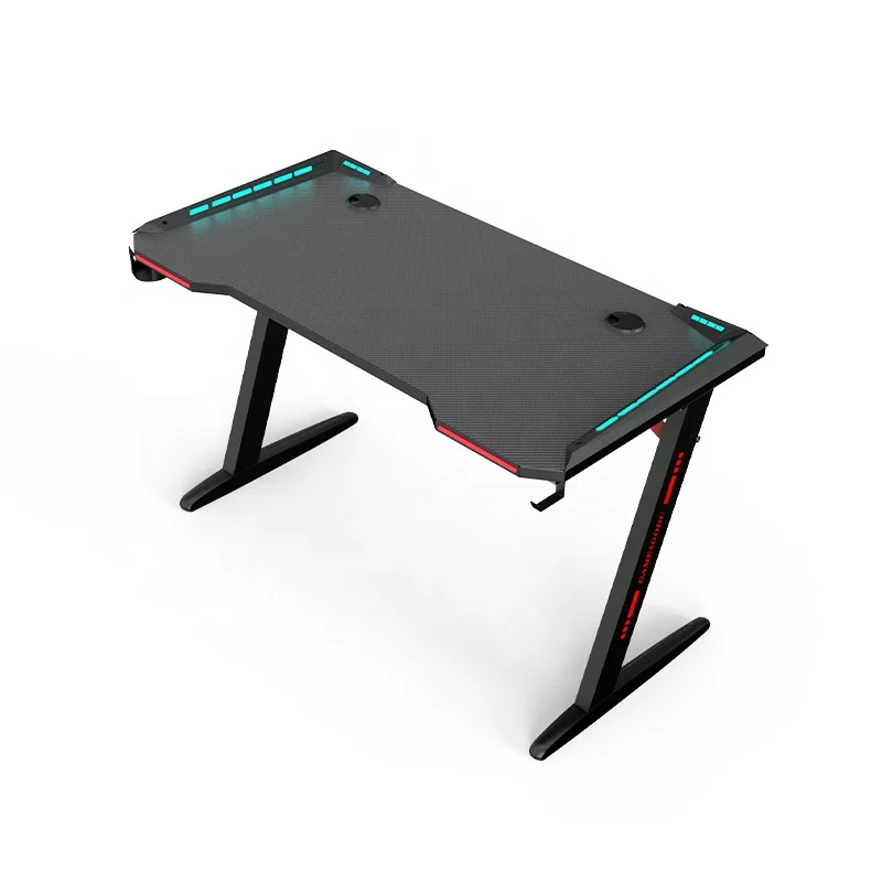 Promotion Gaming Table Pc Desk Z-Shaped Computer Desks With LED Light Cup Holder Headset Hook