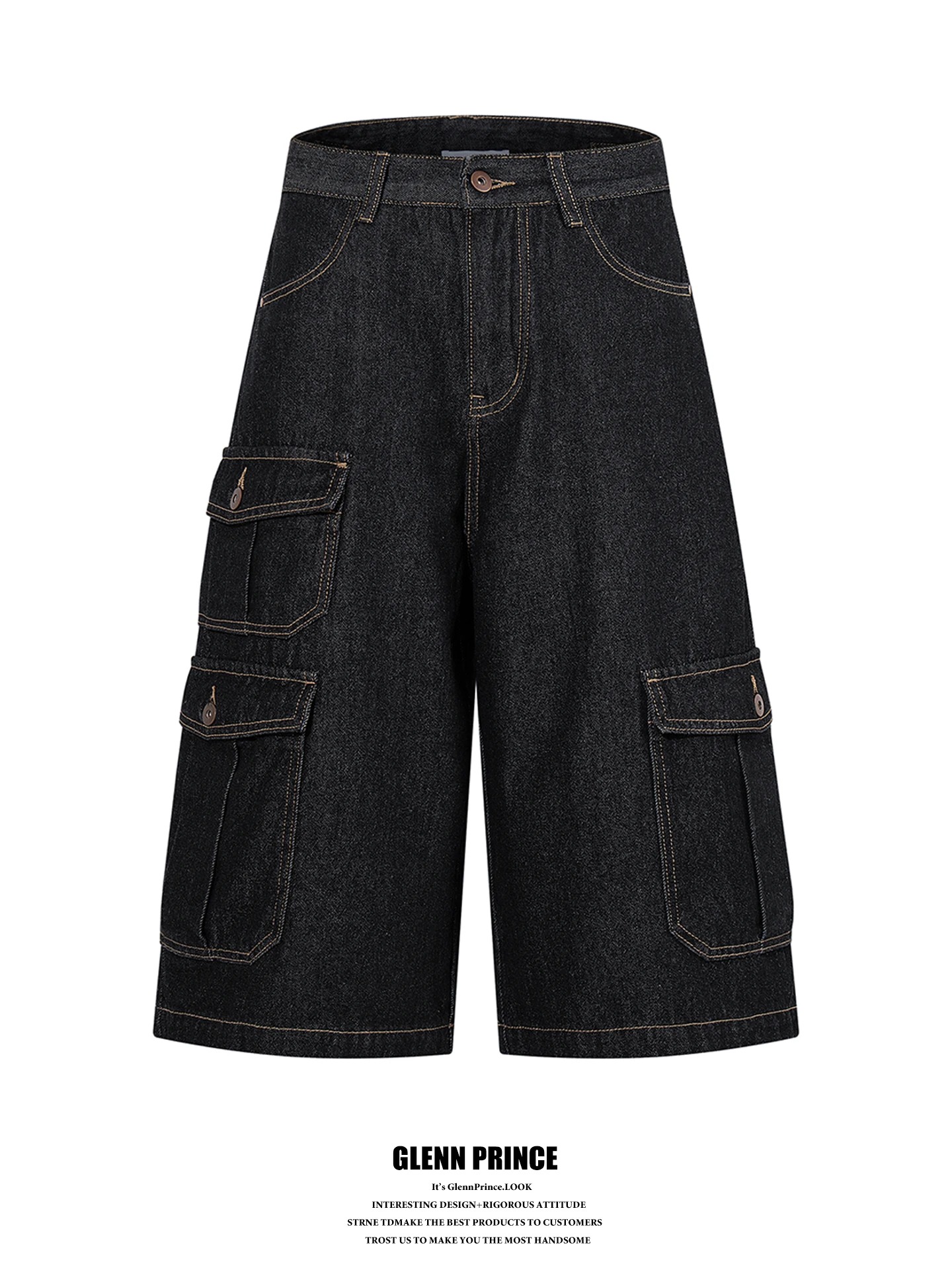 

GPstudio Men's Denim Shorts Original Color Bright Line Multi-Pocket Workwear American Retro Fashion Versatile Seven-Foot Pants