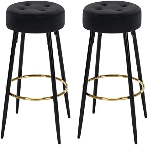 30 inches Modern Round  Stools Set of 2, Upholstered Dining Chair Stool with Gold Footrest for Kitchen Island Coffee Pub Shop  H