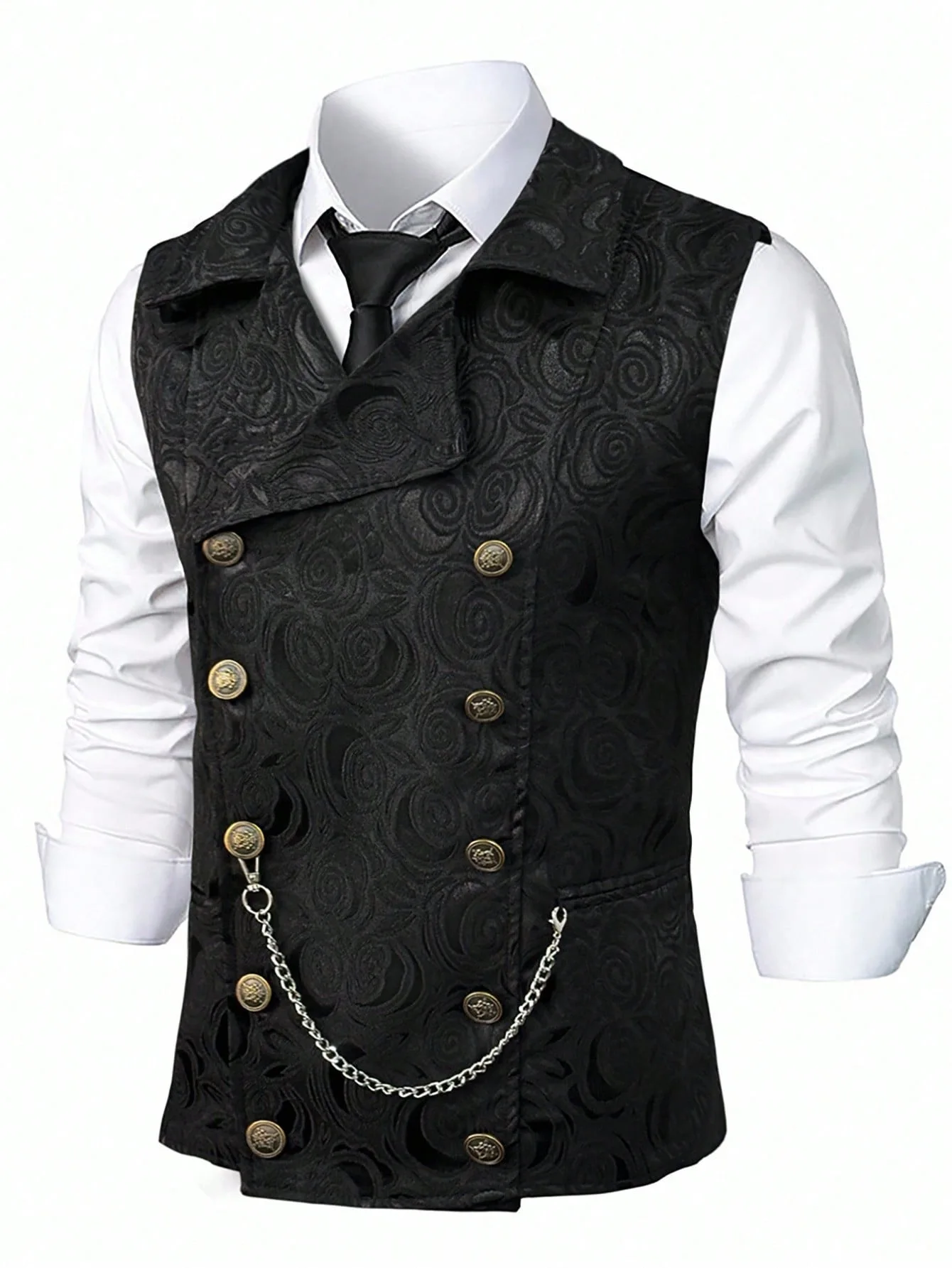 Gilet de costume noir pour homme ; Tissu jacquard, double boutonnage, sans manches, col en V ; Dispo