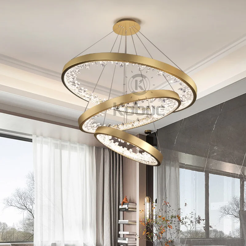 Kobuc Round Ring Chandelier Modern Crystal Pendant Light 40/60/80cm for Living Room Bedroom Kitchen Home Decor Black/Gold Lamp