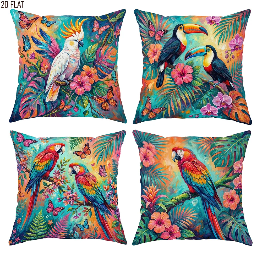 1/4pcs Tropical Paradise Throw Pillow Covers Set of 4, Vibrant Macaw Cockatoo Toucan Outdoor Cushion Cases
