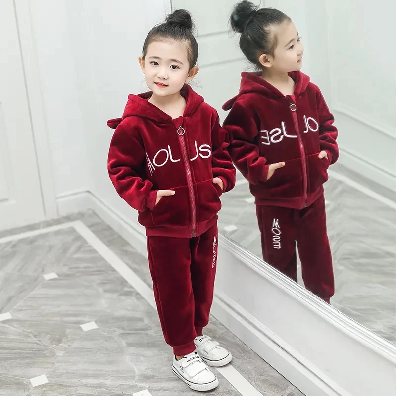 Thicken Velvet Tracksuit Conjuntos Plush Lined Hooded Girls Sweatshirts + Winter Warm Jogger Pants Children Casual 2 Piece Sets