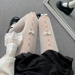 Women Bowknot Hollow Out Pantyhose Sexy Thin Summer Ins Tide Lace Tights Cute Bow Black White Irregular Ripped Fishnet Stockings