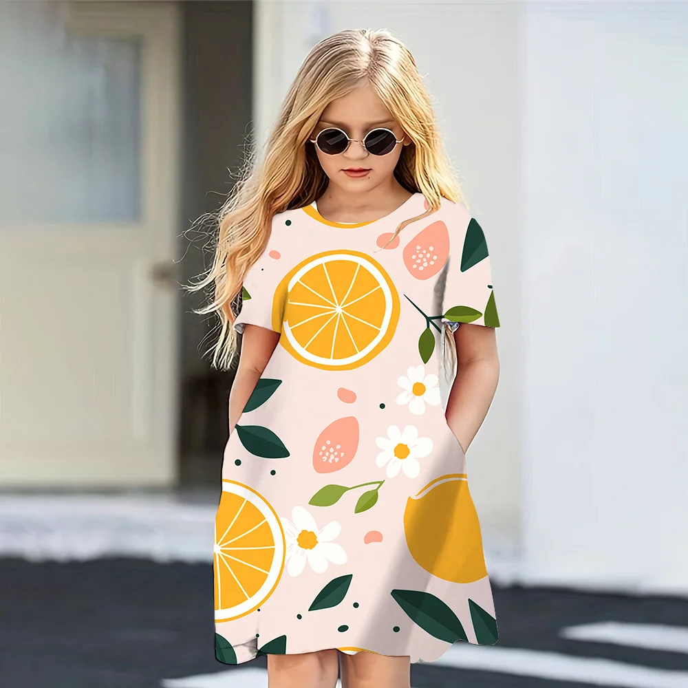 2024 Summer Dress Girls Cute New Hawaii Style 3D Printed Dresses Girls Party Short Sleeve Casual Princess Dress Girls Clothing