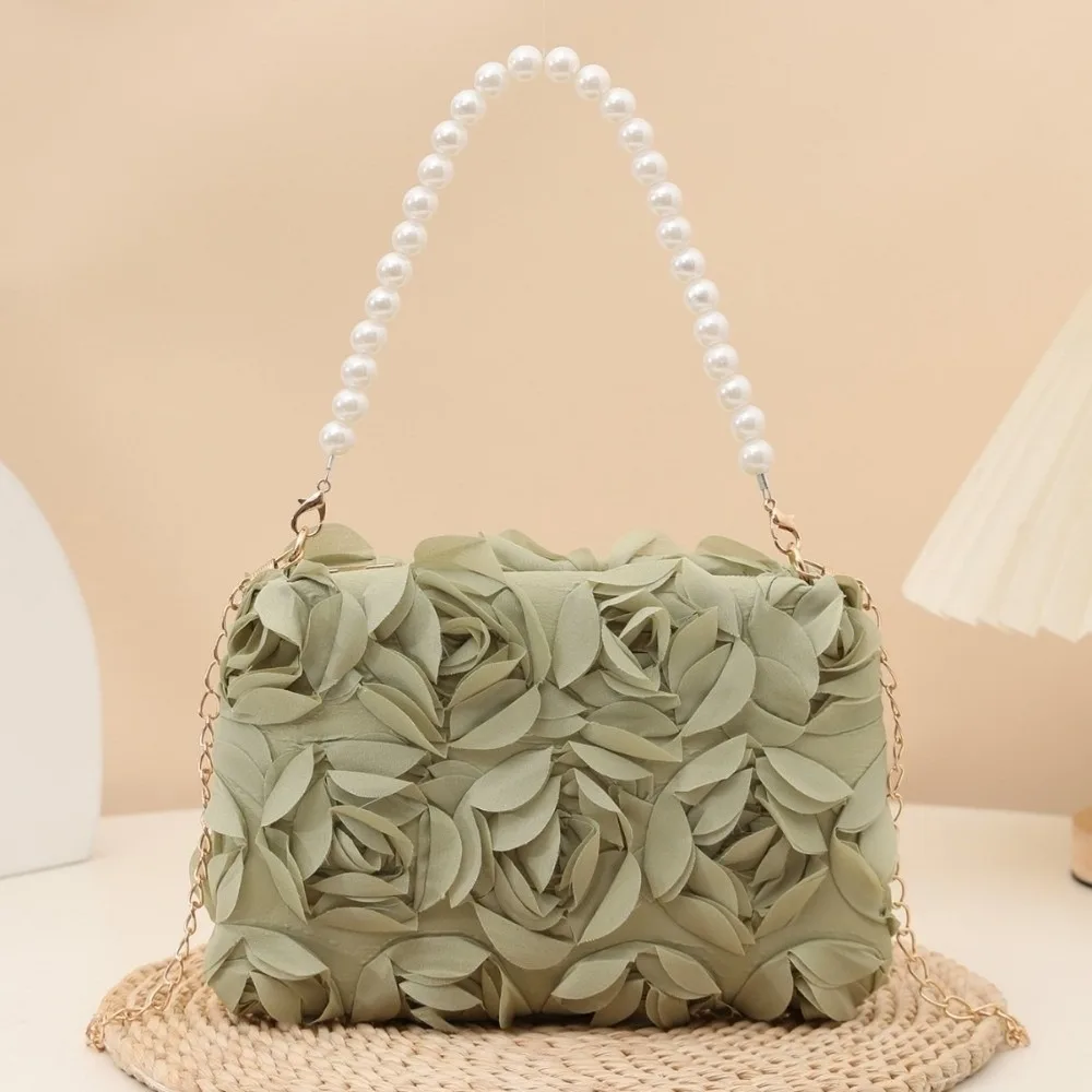 

3D Rose Shaped Shoulder Bag Women Faux Pearl Handle Crossbody Handbag Zipper Closure Detachable Chain Strap Small Square Bag