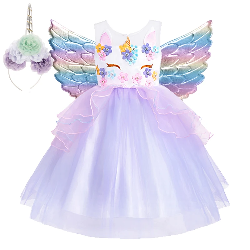 Unicorn Princess Dress for Baby Girls, Flower Rainbow Cosplay Costume, Halloween, Birthday Party Clothing, Kids