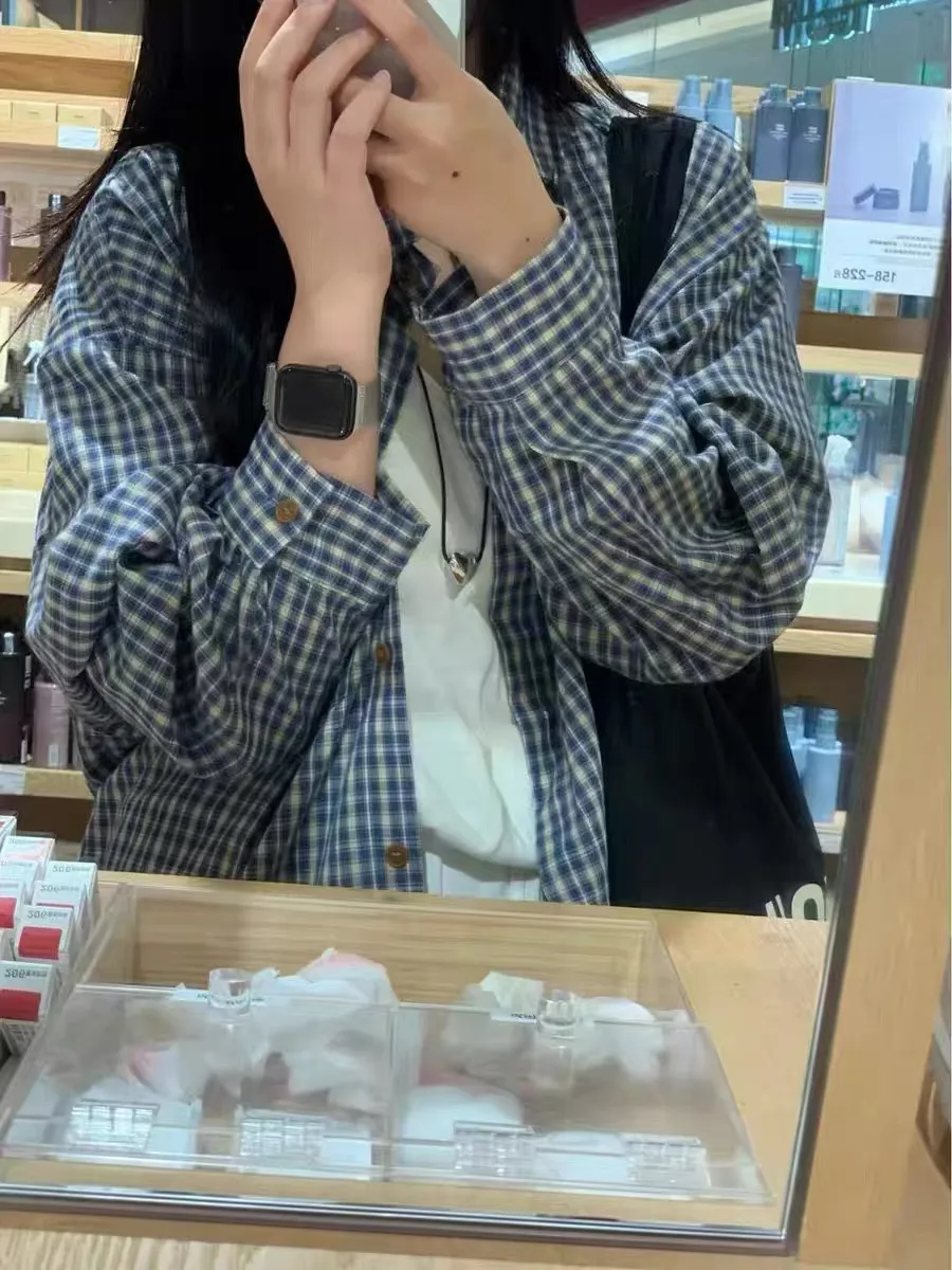 

Синяя клетчатая рубашка-накидка для защиты от солнца, женская, ранняя весна 2026, маленький размер, свободный крой, ленивый стиль, с длинным рукавом, на пуговицах