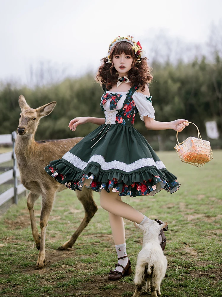 Original Lolita Sweet Fake Two Piece Lo Dress Cos Japanese Cute Countryside Style Op Dress With Puji