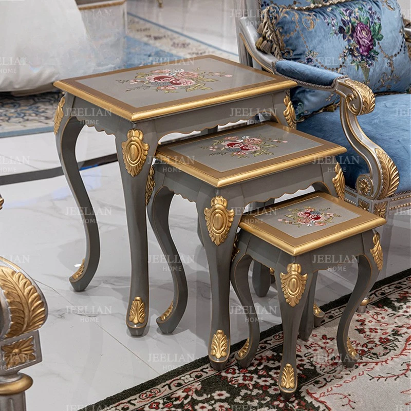 

Solid wood hand-carved villa coffee table pasted gold and silver foil hand-painted flowers, living room set a few corners