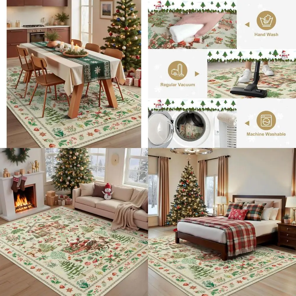 

Beige 5x7 Washable Rug with Santa and Elk Print for Christmas, Ideal for Living and Dining Rooms, Soft and Non-Slip for Kids' Sp