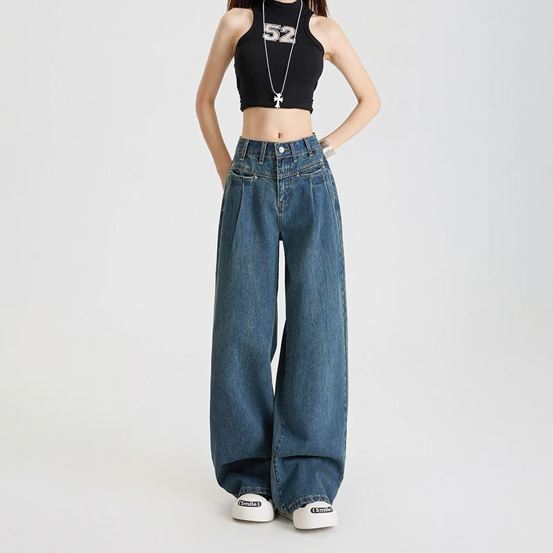 KSTUN 2025 Woman Jeans High Waist Wide Leg Denim Pants Straight Pants Fashion Comfort Front Pleated Vintage Pockets Designer