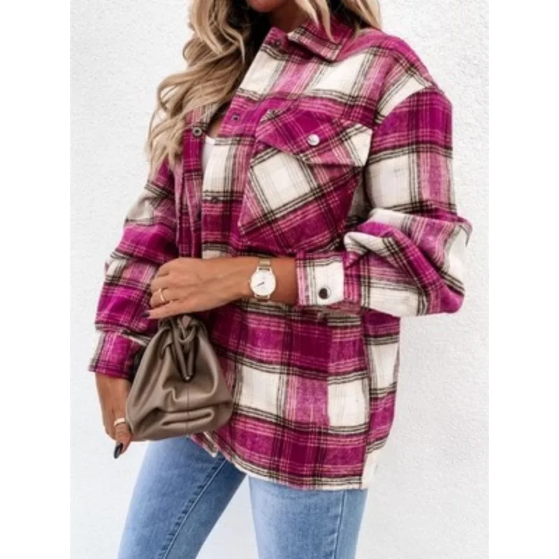 Hot Sales of Autumn and Winter Long-sleeved Plaid Shirt Coat Casual Loose Shirt Women\'s Fashion Pocket Long-sleeved Shirt